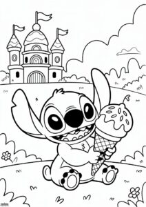Stitch Eating Ice Cream Coloring Page Outside Of A Castle For Kids 5