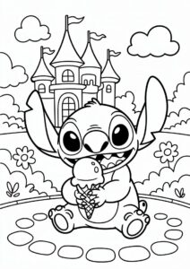 Stitch Eating Ice Cream Coloring Page Outside Of A Castle For Kids 6