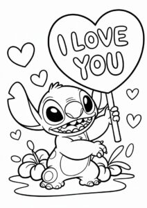 Stitch Holding An I Love You Sign Valentines Day Coloring Page For Kids 1