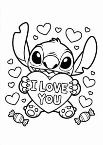 Stitch Holding An I Love You Sign Valentines Day Coloring Page For Kids 2