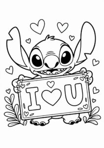 Stitch Holding An I Love You Sign Valentines Day Coloring Page For Kids 3
