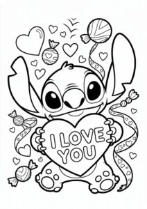Stitch Holding An I Love You Sign Valentines Day Coloring Page For Kids 4