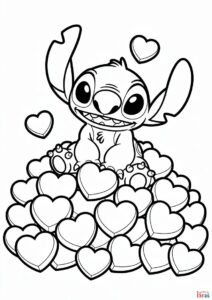 Stitch Sitting On A Pile Of Love Hearts 1