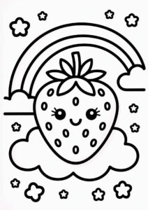 Strawberry Coloring Page On A Cloud Sliding Down A Rainbow 3