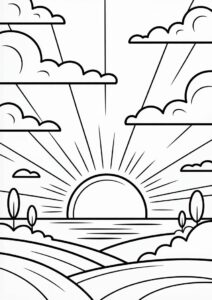 Sun Rising Over The Horizon Coloring Sheet For Kids 1