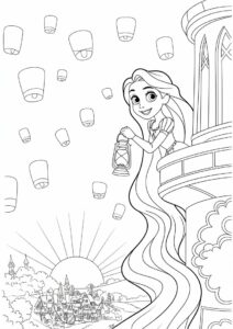 Tangled Princess Coloring Page Of Rapunzel With Lanterns In Background 2