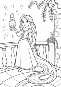 Tangled Princess Coloring Page Of Rapunzel With Lanterns In Background 3