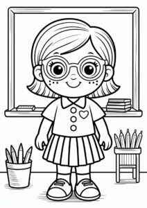 Teacher Coloring Pages In A Skirt And Glasses In A Classroom 1
