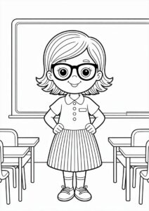 Teacher Coloring Pages In A Skirt And Glasses In A Classroom 2