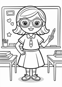 Teacher Coloring Pages In A Skirt And Glasses In A Classroom 4