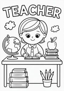 Teacher Coloring Pages OF Desk With Globe Apple And Pencils 1