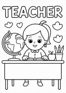 Teacher Coloring Pages OF Desk With Globe Apple And Pencils 2