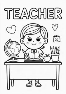 Teacher Coloring Pages OF Desk With Globe Apple And Pencils 3