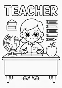 Teacher Coloring Pages OF Desk With Globe Apple And Pencils 4