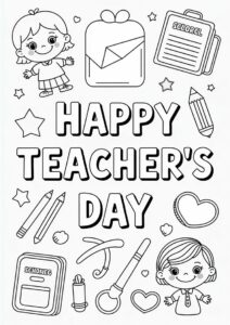Teacher Coloring Pages OF Happy Teachers Day Words With School Materials 1