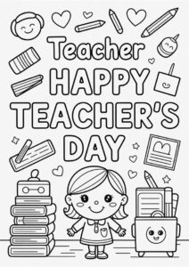 Teacher Coloring Pages OF Happy Teachers Day Words With School Materials 3