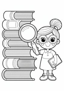 Teacher Coloring Pages With A Magnifying Glass Beside A Stack OF Massive Books 1