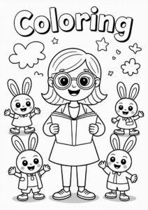 Teacher Coloring Poges Surrounded By Hoppy Students 1