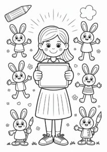 Teacher Coloring Poges Surrounded By Hoppy Students 3