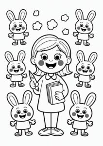 Teacher Coloring Poges Surrounded By Hoppy Students 4