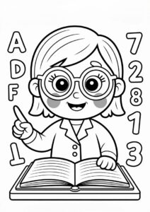 Teacher Coloring Poges With Glasses Pointing To Letters And Numbers 1