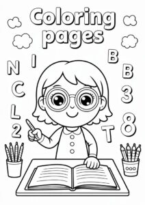 Teacher Coloring Poges With Glasses Pointing To Letters And Numbers 2