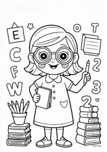 Teacher Coloring Poges With Glasses Pointing To Letters And Numbers 3