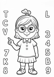 Teacher Coloring Poges With Glasses Pointing To Letters And Numbers 4