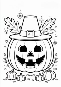 Thanksgiving Pumpkin Coloring Page Wearing Pilgrim Hat 3