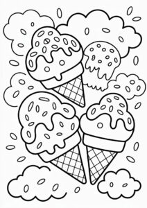 Three Ice Cream Coloring Page Cones With Sprinkles In The Clouds For Kids 10