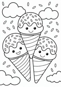 Three Ice Cream Coloring Page Cones With Sprinkles In The Clouds For Kids 12
