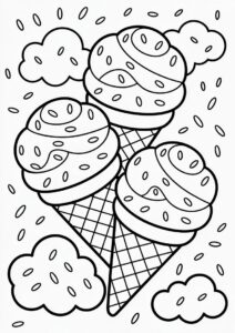Three Ice Cream Coloring Page Cones With Sprinkles In The Clouds For Kids 2