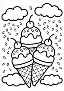 Three Ice Cream Coloring Page Cones With Sprinkles In The Clouds For Kids 3