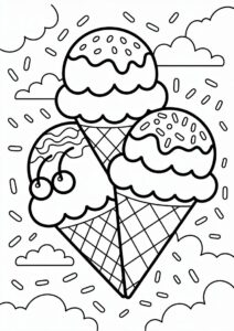 Three Ice Cream Coloring Page Cones With Sprinkles In The Clouds For Kids 4