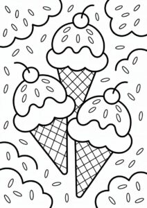Three Ice Cream Coloring Page Cones With Sprinkles In The Clouds For Kids 5
