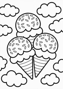 Three Ice Cream Coloring Page Cones With Sprinkles In The Clouds For Kids 6
