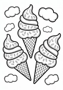 Three Ice Cream Coloring Page Cones With Sprinkles In The Clouds For Kids 7