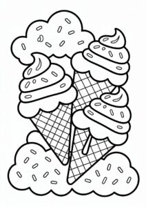 Three Ice Cream Coloring Page Cones With Sprinkles In The Clouds For Kids 8