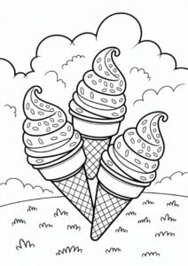 Three Ice Cream Coloring Page Cones With Sprinkles In The Clouds For Kids 9