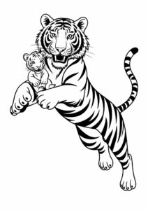 Tiger Leaping With Cub Coloring Page 1