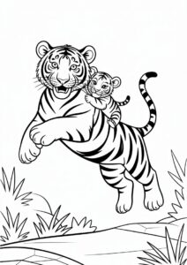 Tiger Leaping With Cub Coloring Page 2
