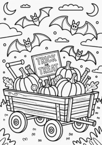 Trick or Treat cart with pumpkins and bats 2