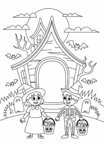 Trick or Treat with children in front of haunted house 1