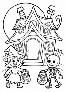 Trick or Treat with children in front of haunted house 2