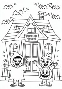 Trick or Treat with children in front of haunted house 3