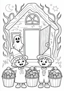 Trick or Treat with children in front of haunted house 4