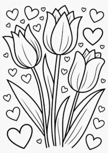 Tulips With Love Hearts To Color 1