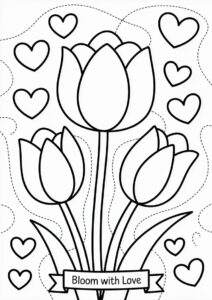Tulips With Love Hearts To Color 3