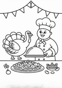 Turkey Chef Serving Dinner Coloring Sheet 1