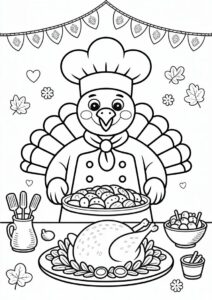 Turkey Chef Serving Dinner Coloring Sheet 2